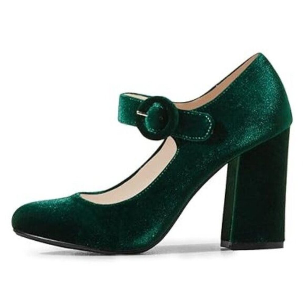FSJ Women Elegant Soft Velvet One Strap Buckle Pumps Round Toe Chunky High Heel